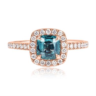 18ct Rose Gold Teal Sapphire and Diamond Halo Engagement Ring thumbnail