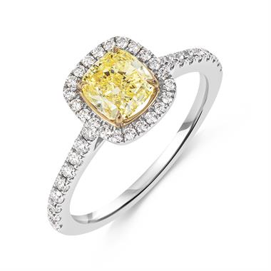 Platinum Fancy Intense Yellow Cushion Diamond Halo Engagement Ring thumbnail