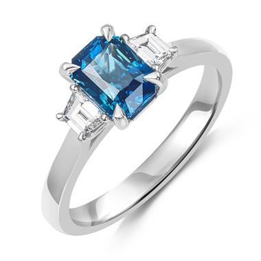 Platinum Radiant Teal Sapphire and Diamond Three Stone Ring  thumbnail