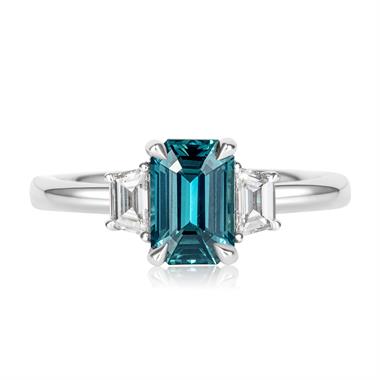Platinum Emerald Cut Teal Sapphire and Diamond Three Stone Ring  thumbnail