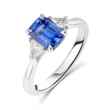 Platinum Emerald Cut Sapphire and Diamond Three Stone Ring  thumbnail 