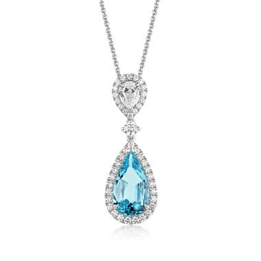 18ct White Gold Aquamarine and Diamond Halo Necklace thumbnail