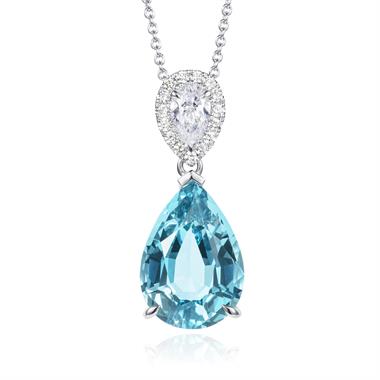 18ct White Gold Pear Aquamarine and Diamond Drop Necklace thumbnail