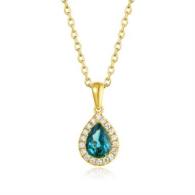 Camellia 18ct Yellow Gold Pear Teal Sapphire and Diamond Pendant thumbnail 