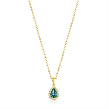 Camellia 18ct Yellow Gold Pear Teal Sapphire and Diamond Pendant thumbnail