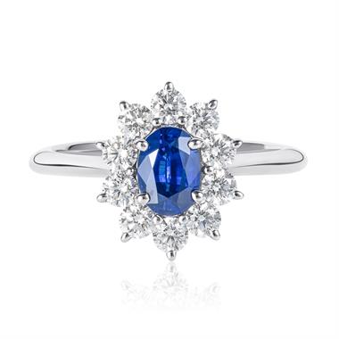 Platinum Oval Sapphire and Diamond Cluster Engagement Ring thumbnail