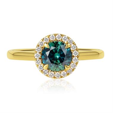 18ct Yellow Gold Round Teal Sapphire Halo Engagement Ring thumbnail