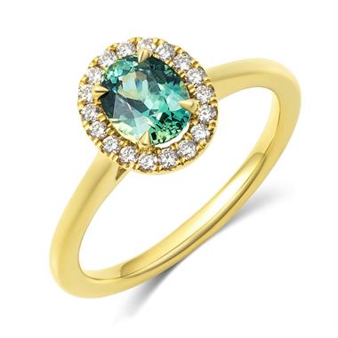 18ct Yellow Gold Oval Green Sapphire Halo Engagement Ring thumbnail