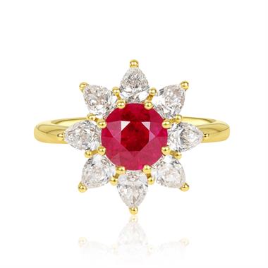 18ct Yellow Gold Ruby and Pear Diamond Cluster Ring thumbnail
