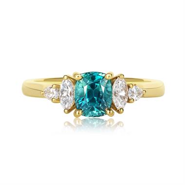 18ct Yellow Gold Cushion Cut Teal Sapphire and Diamond Engagement Ring  thumbnail