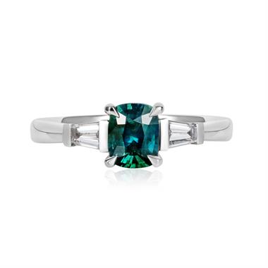 Platinum Teal Sapphire and Diamond Three Stone Engagement Ring thumbnail