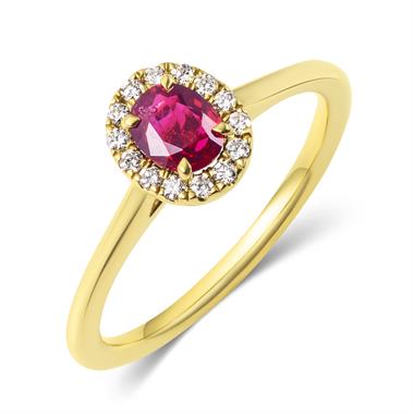 18ct Yellow Gold Oval Ruby and Diamond Halo Engagement Ring thumbnail