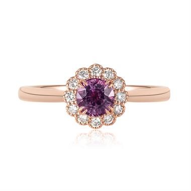 18ct Rose Gold Round Berry Sapphire and Diamond Halo Ring thumbnail