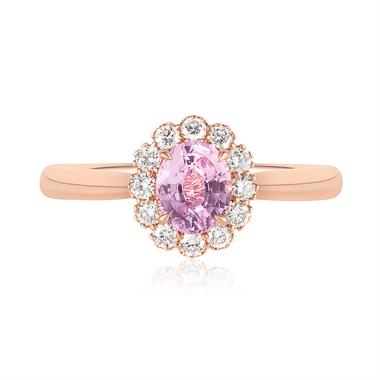 18ct Rose Gold Oval Padparadscha Sapphire and Diamond Halo Ring thumbnail