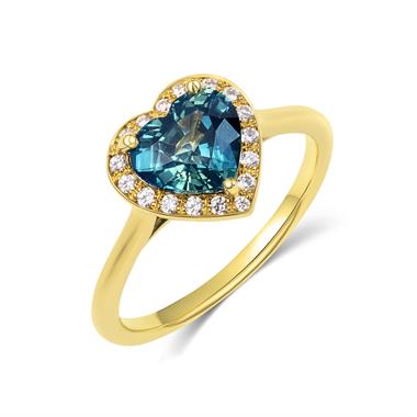 18ct Yellow Gold Heart Teal Sapphire Halo Engagement Ring thumbnail 