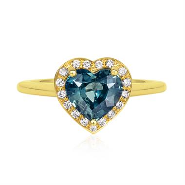 18ct Yellow Gold Heart Teal Sapphire Halo Engagement Ring thumbnail