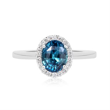 Platinum Oval Teal Sapphire and Diamond Halo Engagement Ring thumbnail