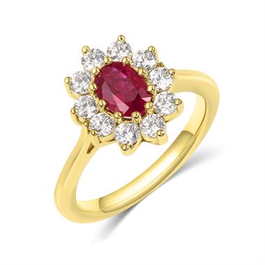 18ct Yellow Gold Oval Ruby and Diamond Cluster Engagement Ring thumbnail