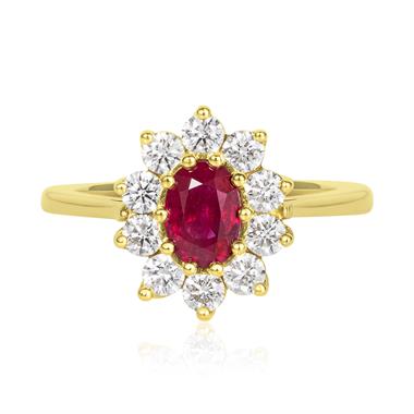 18ct Yellow Gold Oval Ruby and Diamond Cluster Engagement Ring thumbnail