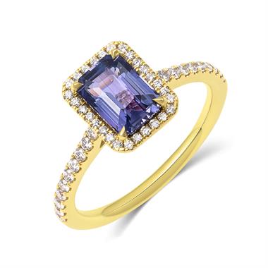 18ct Yellow Gold Violet Sapphire and Diamond Halo Engagement Ring thumbnail