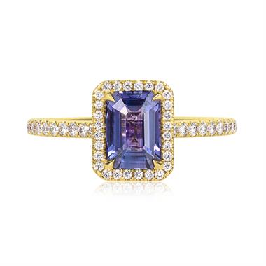 18ct Yellow Gold Violet Sapphire and Diamond Halo Engagement Ring thumbnail