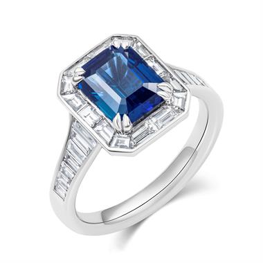 Platinum Emerald Cut Sapphire and Diamond Cluster Engagement Ring thumbnail