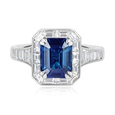 Platinum Emerald Cut Sapphire and Diamond Cluster Engagement Ring thumbnail