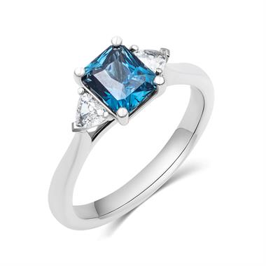 Platinum Radiant Cut Teal Sapphire and Diamond Three Stone Ring thumbnail