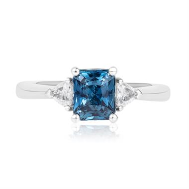 Platinum Radiant Cut Teal Sapphire and Diamond Three Stone Ring thumbnail