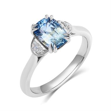 Platinum Cushion Cut Parti Sapphire and Diamond Three Stone Ring thumbnail