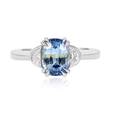 Platinum Cushion Cut Parti Sapphire and Diamond Three Stone Ring thumbnail