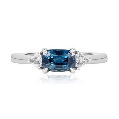 Platinum Cushion Cut Teal Sapphire and Diamond Three Stone Ring thumbnail