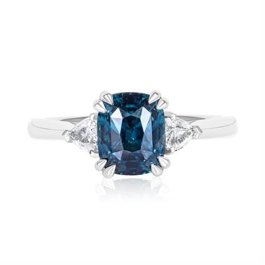 Platinum Cushion Cut Teal Sapphire and Diamond Three Stone Ring thumbnail