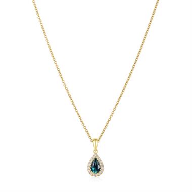 Camellia 18ct Yellow Gold Pear Teal Sapphire and Diamond Pendant thumbnail