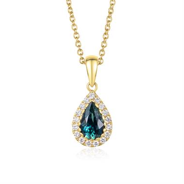 Camellia 18ct Yellow Gold Pear Teal Sapphire and Diamond Pendant thumbnail