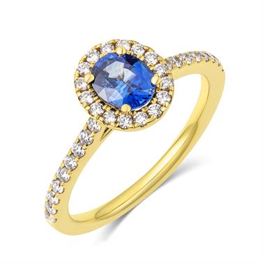 18ct Yellow Gold Oval Sapphire and Diamond Halo Ring thumbnail 