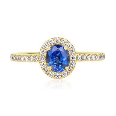 18ct Yellow Gold Oval Sapphire and Diamond Halo Ring thumbnail