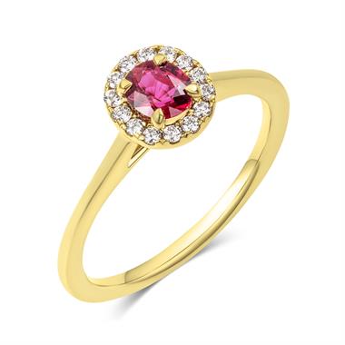 18ct Yellow Gold Oval Ruby and Diamond Halo Engagement Ring thumbnail