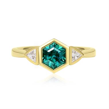 18ct Yellow Gold Hexagon Cut Teal Sapphire and Diamond Engagement Ring thumbnail