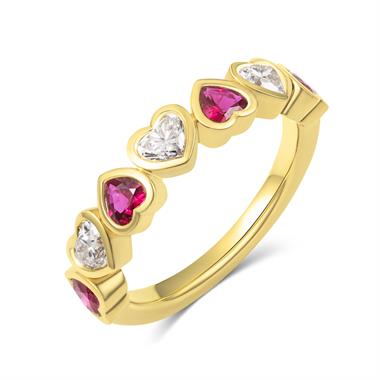 18ct Yellow Gold Heart Ruby and Diamond Half Eternity Ring thumbnail