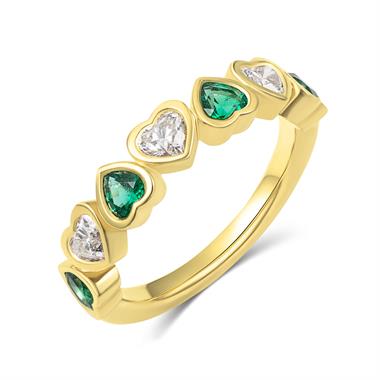 18ct Yellow Gold Heart Emerald and Diamond Half Eternity Ring thumbnail 