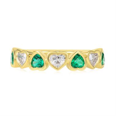 18ct Yellow Gold Heart Emerald and Diamond Half Eternity Ring thumbnail