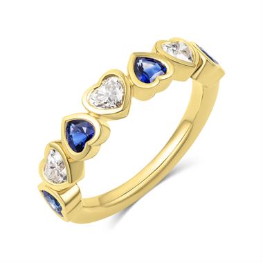 18ct Yellow Gold Heart Sapphire and Diamond Half Eternity Ring thumbnail