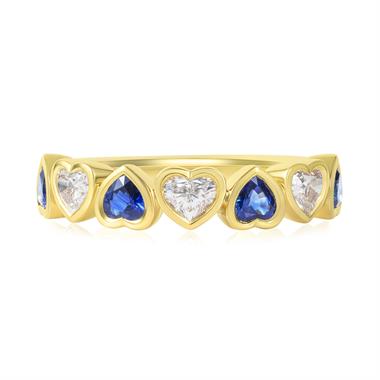 18ct Yellow Gold Heart Sapphire and Diamond Half Eternity Ring thumbnail