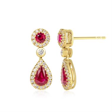 Camellia 18ct Yellow Gold Pear Shape Ruby and Diamond  Drop Earrings thumbnail