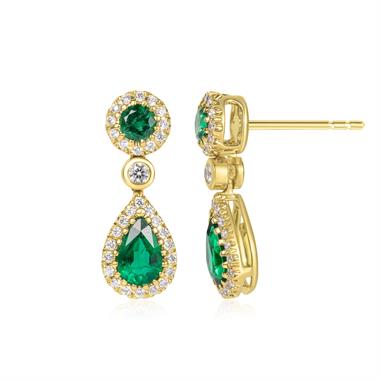 Camellia 18ct Yellow Gold Pear Shape Emerald and Diamond  Drop Earrings thumbnail