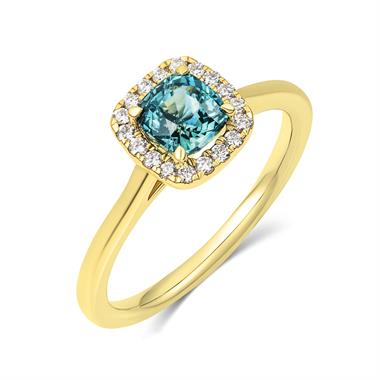 18ct Yellow Gold CushionTeal Sapphire Halo Engagement Ring thumbnail