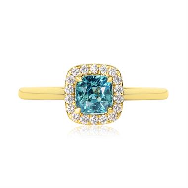 18ct Yellow Gold CushionTeal Sapphire Halo Engagement Ring thumbnail