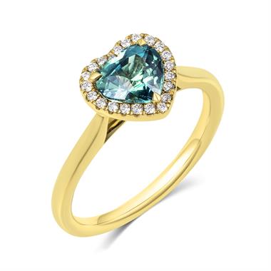 18ct Yellow Gold Heart Teal Sapphire Halo Engagement Ring thumbnail