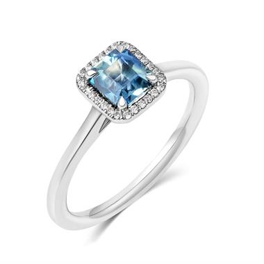 Platinum Asscher Cut Teal Sapphire and Diamond Halo Ring thumbnail